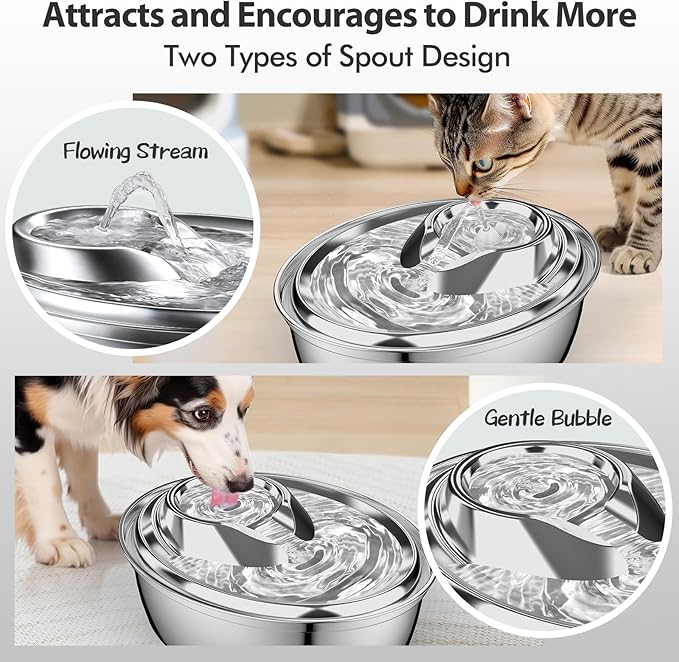 ORSDA Cat Water Fountain Stainless Steel, 2L/67oz Pet Fountain for Cats Inside, Automatic Dog Drinking Dispenser Cat Feeding & Watering Supplies with 2 Filter