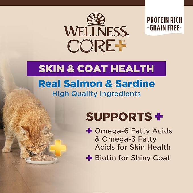 Wellness CORE+ Skin & Coat Pate Adult Wet Cat Food, Natural, Protein-Rich, Grain Free, 2.8 Ounce, 12 Pack (Salmon & Sardine)