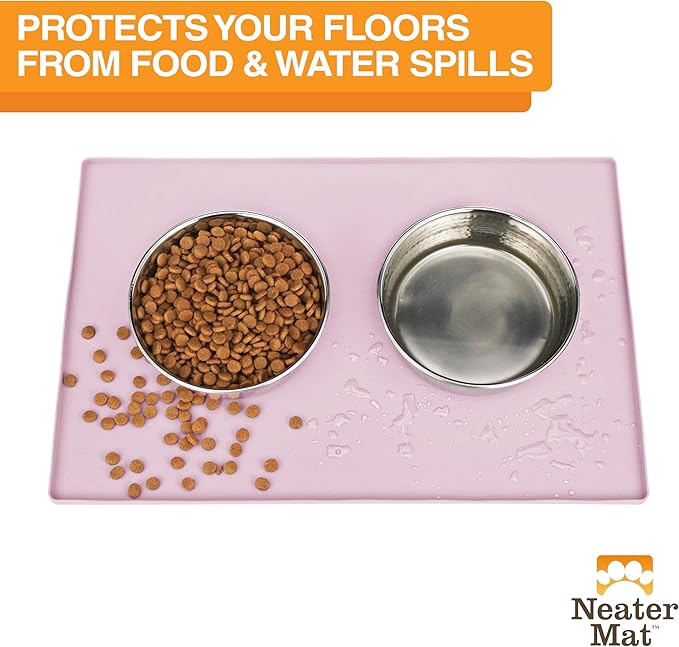 Neater Pet Brands Neater Mat Pet Mats for Food and Water, Cat & Dog Bowl Mat Waterproof Silicone, Feeding Tray, Dog Food Mats for Floors, Placemat w/Raised Edge for Under Bowls, 24" x 16", Light Pink