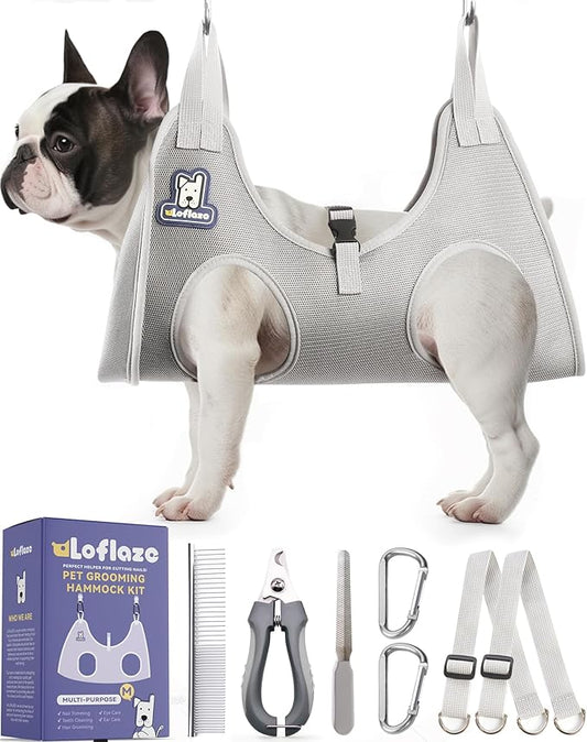 Dog Grooming Hammock Harness for Dogs & Cats with Pet Nail Clipper Trimmer - Cat Hanger Sling for Trimming Clipping Nails- Dog Hammock Restraint Bag for Small Medium Large pet ( Grey M )