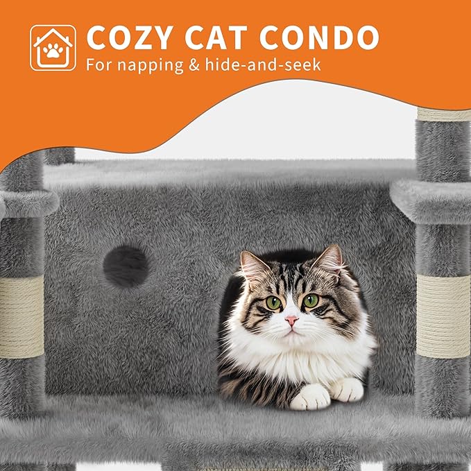 68.5 Inch Multi-Level Cat Tree, Plush Cat Tower with Condo/Sisal Scratching Posts/Hammocks/Basket/Dangling Ball/Platform, Heavy Duty Cats Tree to Play and Sleep, 2601#Light Grey