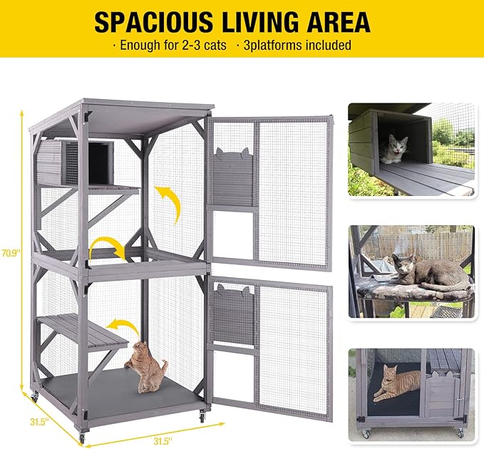 Aivituvin Cat House Outdoor Catio Cat Enclosures on Wheels 70.9" Kitty House with Upgraded Resting Box,Waterproof Roof
