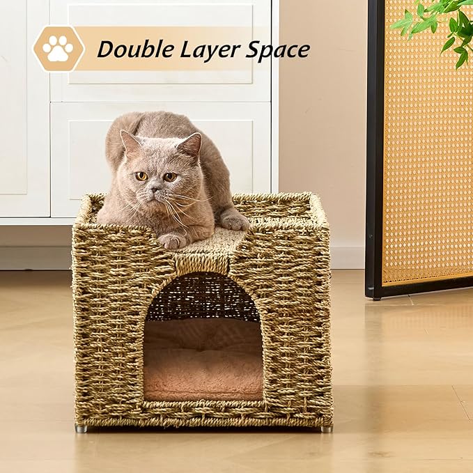 Cat Houses for Indoor Cats, Handwoven Natural Seagrass Cat Cave Pet Cube,Foldable Pet Cat House, Cat Beds with Double-Sided Mat, Hideaway, in Living Room Bedroom