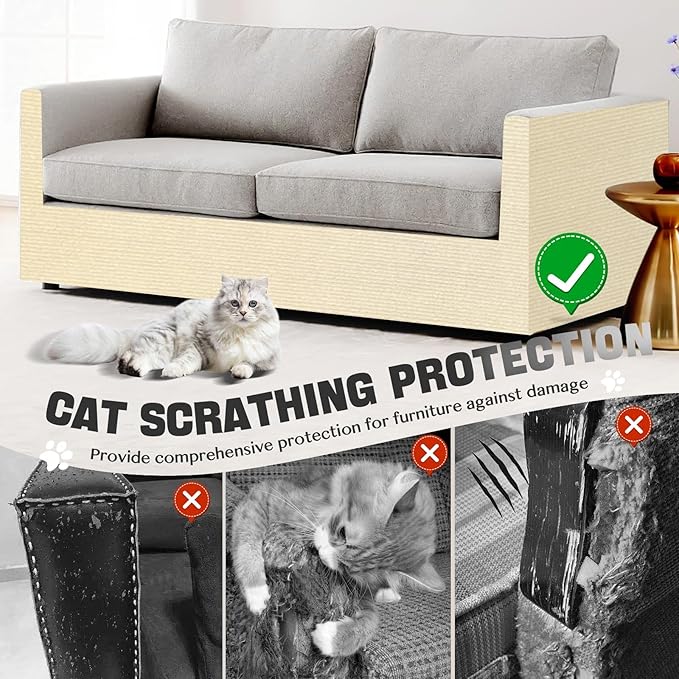 118"x15.8" Anti Cat Scratch Couch Furniture Protector, Adhesive Cat Scratch Pad Deterrent for Furniture, DIY Climbing Cat Scratcher Couch Protector from Cat Claws Scratching for Indoor Sofa (OffWhite)