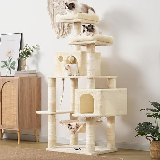 Hey-brother Large Multi-Level Cat Tree Condo Furniture with Sisal-Covered Scratching Posts, 2 Bigger Plush Condos, Perch Hammock for Kittens, Cats and Pets Beige MPJ020M