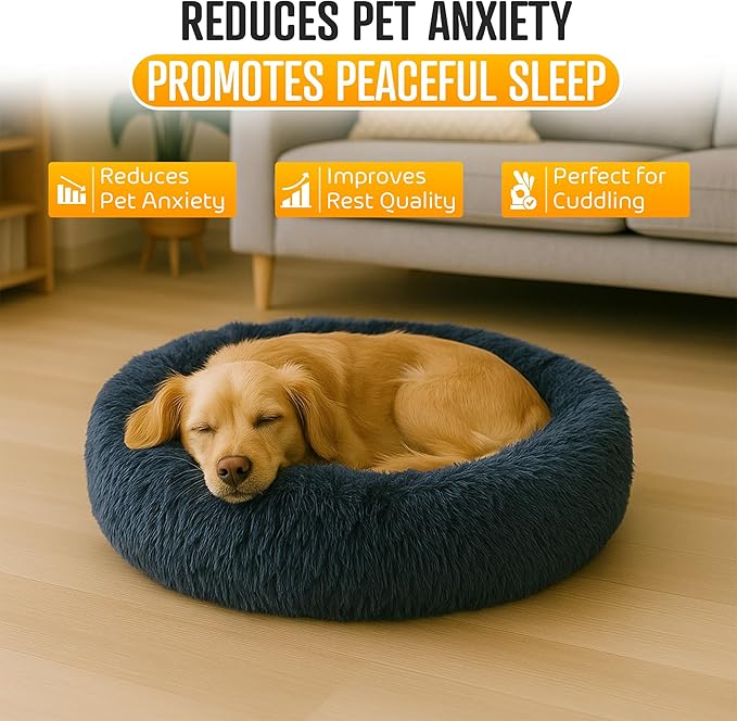 Anti-Anxiety Donut Pet Bed, Round Plush Faux Fur, Washable, Deep Blue, Small to Medium Dogs and Cats (Deep Blue, Large)