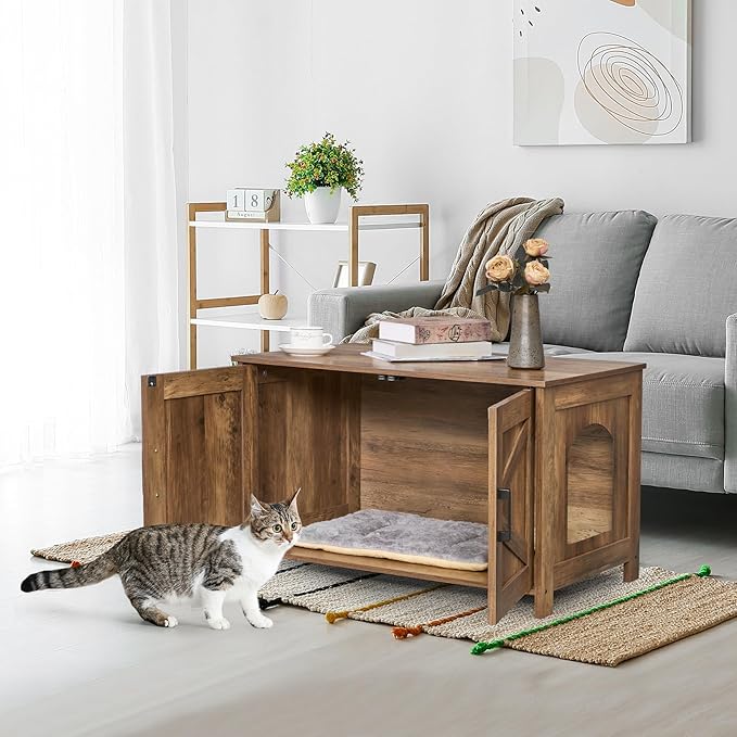 Homhedy Cat Litter Box Enclosure, Wooden Cat Washroom Furniture with Barn Door, Pet House, Fit Most of Litter Box, Rustic Walnut