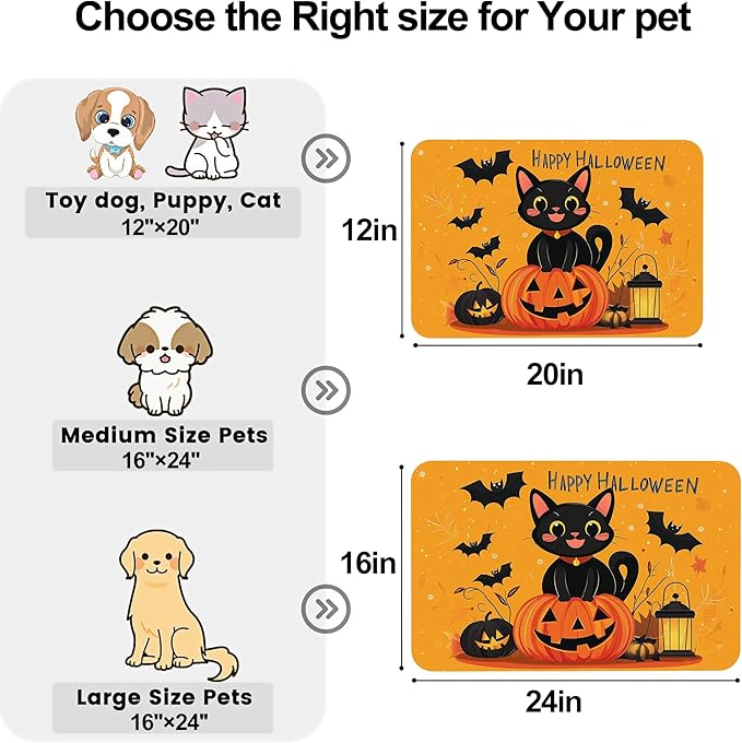 Happy Halloween Cat Pet Feeding Mat for Floors-Absorbent Dog Bowl Mat for Food and Water, Quick Dry Pet Cat Feeding Mats with Non Slip Bottom, Mess-Free Dog Accessories 16"x24"