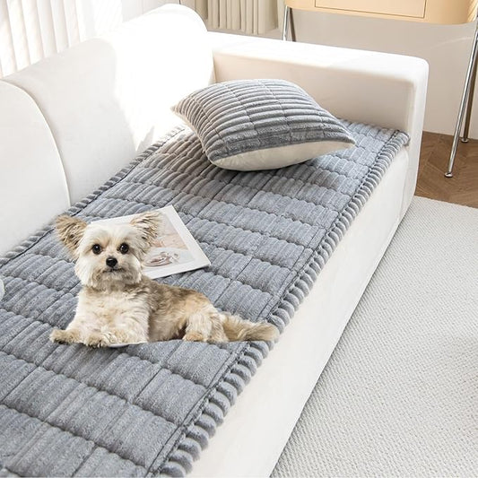 Faux Fur Plush Dog Couch Cover 3D Stripe Fuzzy Sofa Cover Non-Slip Fluffy Dog Bed Cover Pet Blanket Sofa Couch Furniture Protector for Puppy Large Dog Cat (Light Grey,31"x94")