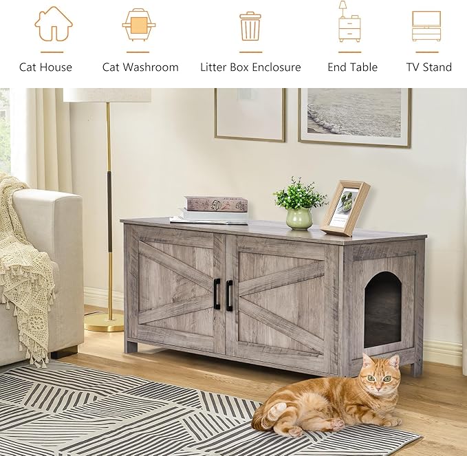 Homhedy 39.4" L Cat Litter Box Enclosure, Pet House with Barn Door, Wooden Cat Washroom Furniture, Fit Most of Litter Box, Greige