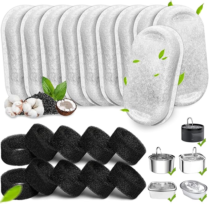 Cat Water Fountain Filters, 20Pack Cat Fountain Replacement Filters for Stainless Steel 108oz/3.2L& 67oz/2L adjustable Water Flow Pet Water Fountain,Dog Water Fountain Filters(10 Filters& 10 Sponges)