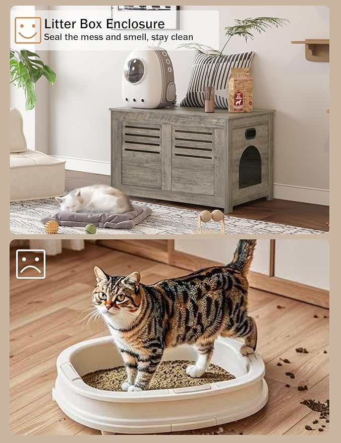 DINZI LVJ Litter Box Enclosure, Flip Top Litter Box Furniture, Hidden Cat Washroom, Wooden Cat House, End Table, 31.5" L x 19.7" W x 19.7" H, Good Ventilation, Easy to Assemble, Gray Wash