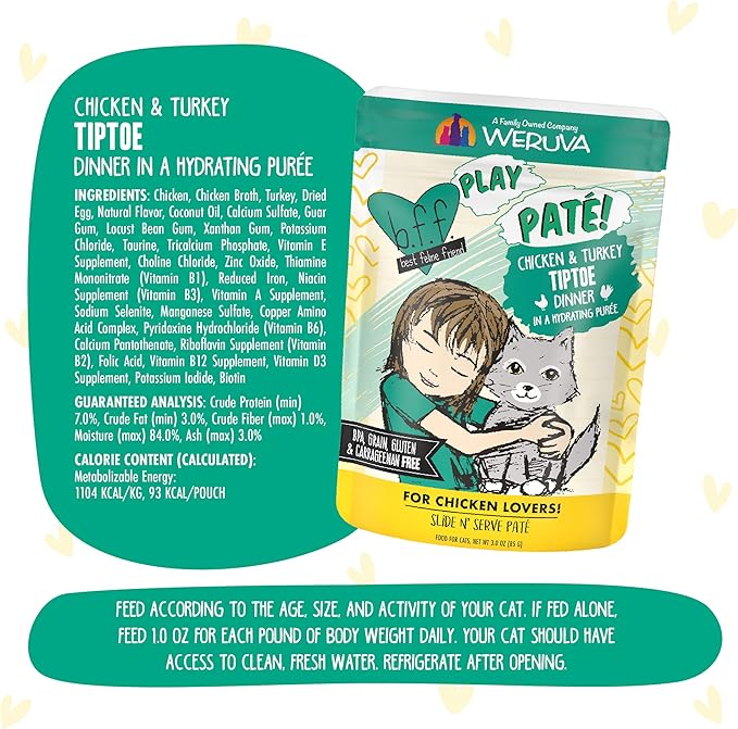 B.F.F. PLAY - Best Feline Friend Paté Lovers, Aw Yeah!, Chicken & Turkey Tiptoe with Chicken & Turkey, 3oz Pouch (Pack of 12)