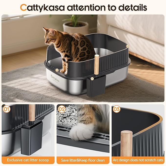 Stainless Steel Large Cat Litter Box, XXL Cat Litter Box with High Sides,Easy to Clean,Non-Sticky,Leak and Splash Proof(Gray),with Cat Litter Scoop.