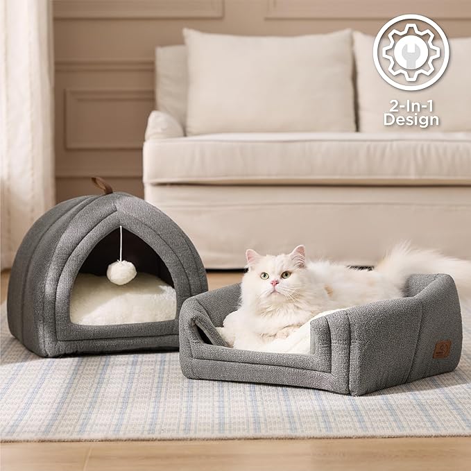 Bedsure Cat Beds for Indoor - 2 in 1 Cat Cave House Tent for Kittens and Small Pets with Removable Washable Cushioned Pillow, Foldable Kitten Hideaway with Non-Slip Bottom, Grey, 16 inches