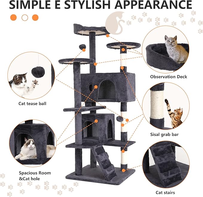 BestPet | 54" Cat Tree Tower | Ashy | Sturdy, Easy to Assemble, Multi-Level Activity Center with Sisal Scratching Posts, Condos, Perches, Hanging Cat Toys, Observation Decks & Ladder