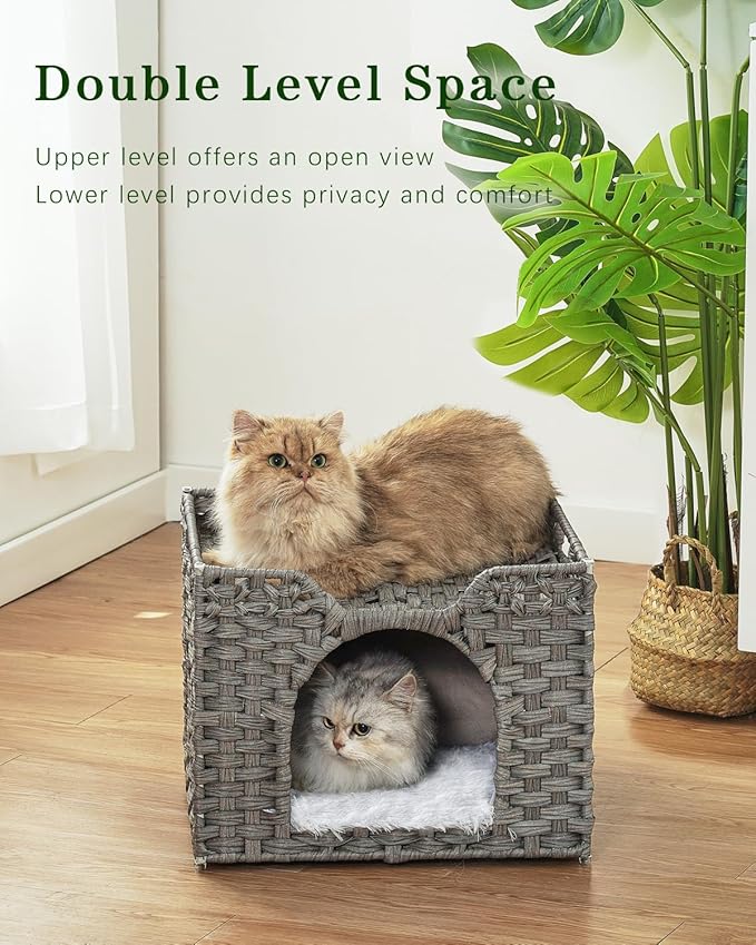 Cat Beds Indoor Kitten House, Handwoven Rattan Cat Cave Pet Cube, Large Cat Houses, One Bed Mat, Foldable, Hideaway, 16.5x16.5x13.2 Inches, 2 S-Shaped Hooks in Living Room Bedroom Gray