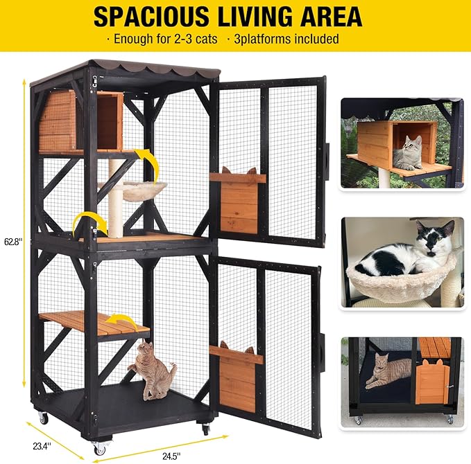 Aivituvin Cat House Window Catio Outdoor Cat Enclosure Mobile Kitty Shelter on Wheels Pet Cage with Resting Box,Hammocks,Waterproof Cover