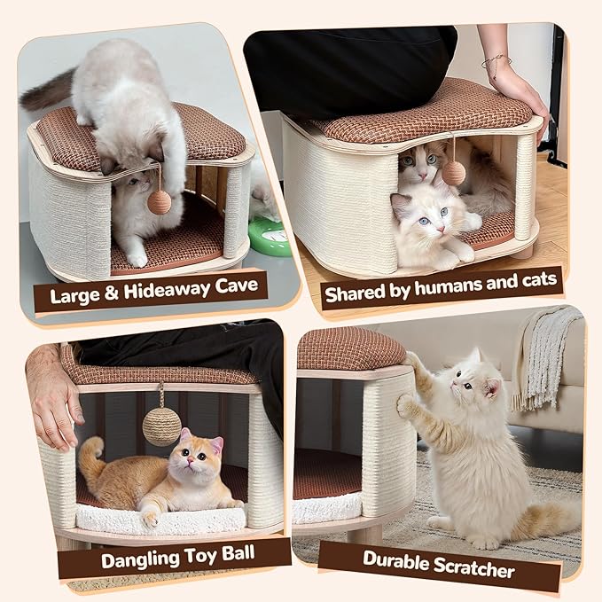 Solid Wood Cats House Stool, 300-lb Capacity. Large Cat Bed Cave for Indoor Cats & Humans. Cat Toy Ball, Removable Scratching Pad, Fleece Blanket. Suitable for Pets Under 20 lbs. 15.7"x15.7"x10.6"