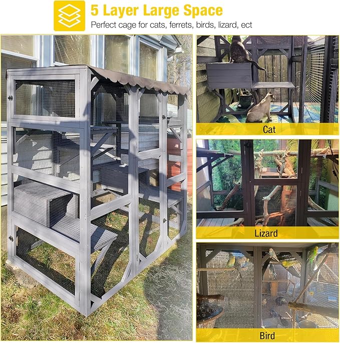 Aivituvin Cat House Outdoor Catio Kitty Enclosure with Super Large Enter Door,Wooden Cat Cage Condo Indoor Playpen with Platforms,Small House,70 Inch