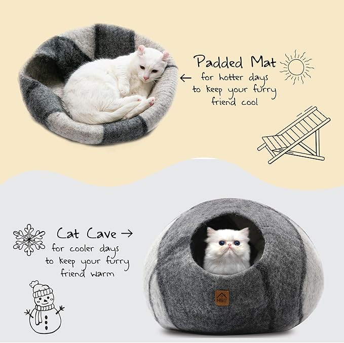 Large Wool Cat Cave Premium Felt Bed for Cats & Kittens Pet House Natural 100% Merino Wool Handmade Indoor Hideaway Eco-Friendly Cove 19 Inch Diameter Round Handcrafted Dome (Large Gray White)