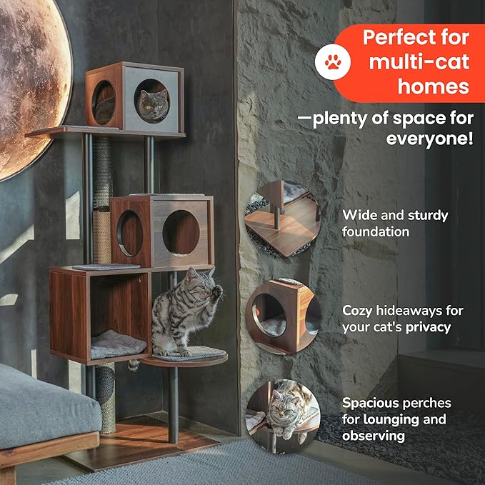 Modern Cat Tree-Sleek Wooden Furniture-Style Tower(60") Blends with Home Decor, Tallest Scratching Post(48"), 3 Cat Condos for Multi-Cat Harmony & Comfort