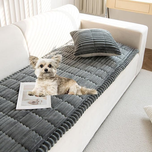Faux Fur Plush Dog Couch Cover 3D Stripe Fuzzy Sofa Cover Non-Slip Fluffy Dog Bed Cover Pet Blanket Sofa Couch Furniture Protector for Puppy Large Dog Cat (Dark Grey,24"x24")