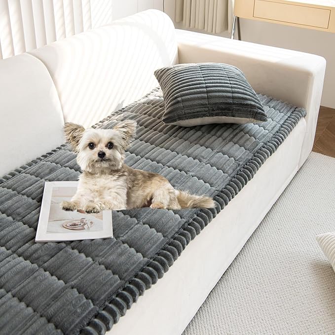 Faux Fur Plush Dog Couch Cover 3D Stripe Fuzzy Sofa Cover Non-Slip Fluffy Dog Bed Cover Pet Blanket Sofa Couch Furniture Protector for Puppy Large Dog Cat (Dark Grey,28"x28")