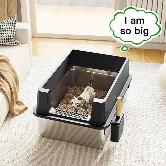 Stainless Steel Litter Box with lid, XXXXL Extra Large, High-Sided Metal Litter Box for Big Cats & Multiple Cats, Non-Stick, Leak-Proof, Dark Gray