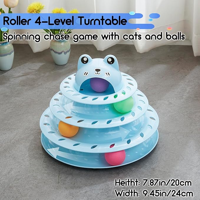 Gefryco 26pcs Cat Toys Roller 4-Level Turntable for Indoor Cats, Self Play Cat Toy Track with Colorful Balls Interactive Kitten Puzzle Toys, Fun Kitty Exercise Toys Set(Blue)