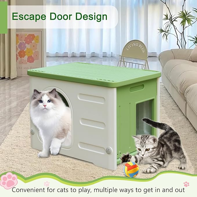Plastic Cat House for Outdoor Indoor, Waterproof Outdoor Cat House with Escape Door for Feral Cats Outside Cat Shelter for Small Pet, Spacious, Assemble Easily -Green