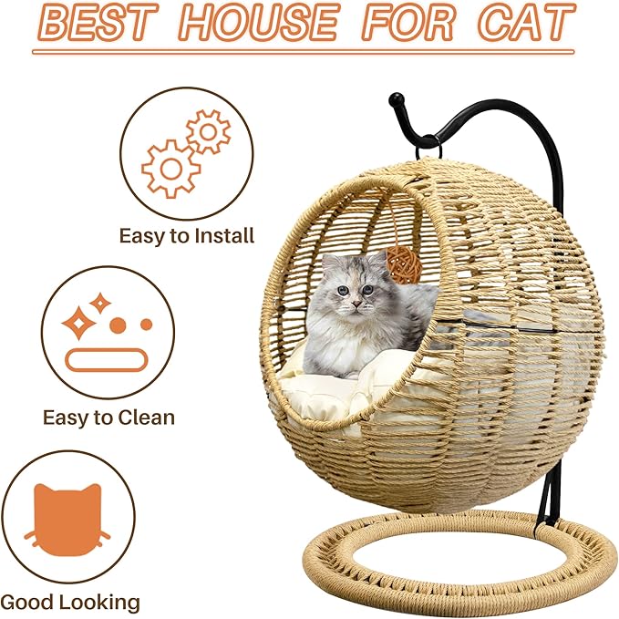 BROWN-BROWN Wicker Cat Bed Indoors & Outdoors, Hand Made Cat Swing Bed with Removable Cushion & Hanging Ball, Washable Pet Swing for Cat, Small Dog, Small Animals