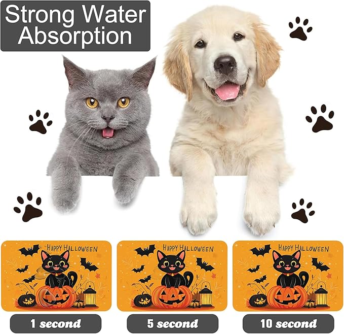 Happy Halloween Cat Pet Feeding Mat for Floors-Absorbent Dog Bowl Mat for Food and Water, Quick Dry Pet Cat Feeding Mats with Non Slip Bottom, Mess-Free Dog Accessories 12"x20"