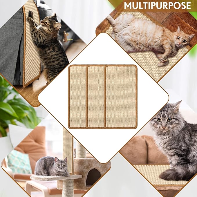 Mixweer 3 Pcs Wall Cat Scratcher Mat 19.7 x 9.8 Wall Mounted Scratching Pad for Indoor Cats Couch Carpet Furniture Protector, with Hook Loop Strips