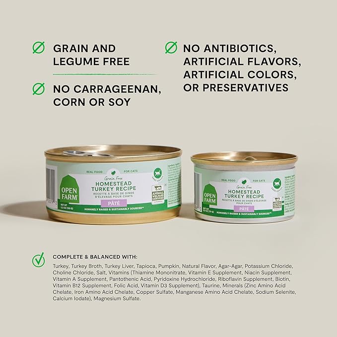 Open Farm Canned Cat Food, Paté for Complete & Balanced Nutrition, Grain-Free and Legume-Free Wet Cat Food, Homestead Turkey Recipe, 5.3oz Cans (Case of 12)