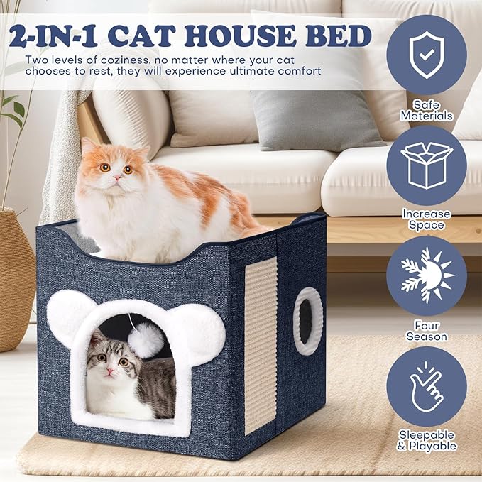 Cat Beds for Indoor Cats, Large Cat House Foldable Cat Cave with Scratch Pad and Hanging Fluffy Ball, Reversible Cushion Hideaway for Pet Cats, 16.5x16.5x13.2 inches, Dark Blue