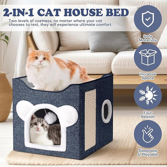 Cat Beds for Indoor Cats, Large Cat House Foldable Cat Cave with Scratch Pad and Hanging Fluffy Ball, Reversible Cushion Hideaway for Pet Cats, 16.5x16.5x13.2 inches, Dark Blue
