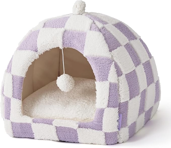 Lesure Cute Cat Beds for Indoor Cats - 2 in 1 Cat Cave Bed for Kittens and Small Pets with Removable Washable Cushioned Pillow, Cozy Kitten with Non-Slip Bottom, Purple, 16 inches