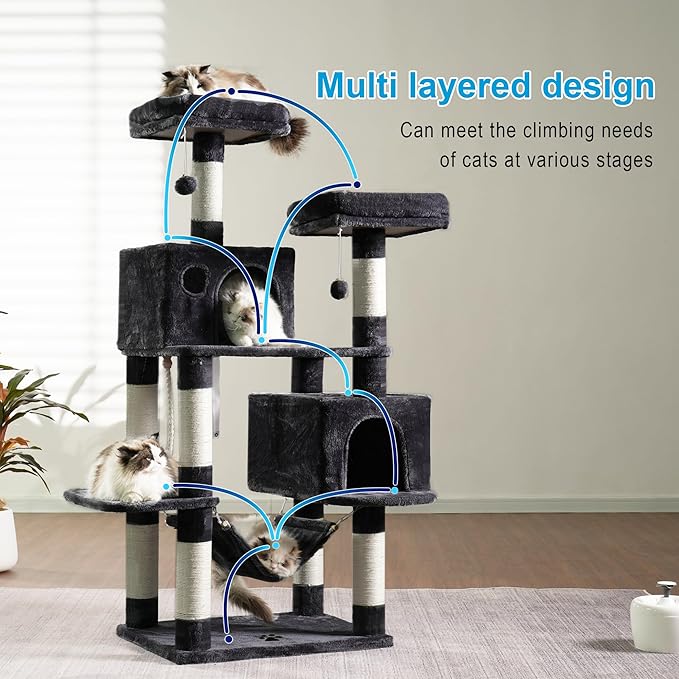 Hey-brother Large Multi-Level Cat Tree Condo Furniture with Sisal-Covered Scratching Posts, 2 Bigger Plush Condos, Perch Hammock for Kittens, Cats and Pets Smoky Gray MPJ020G