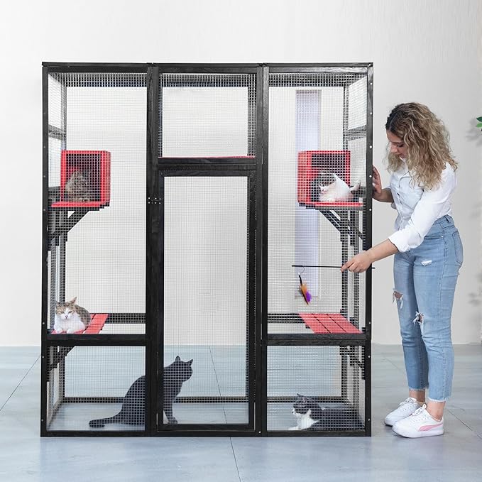 71Inches Large Wood Catio Outdoor Cat Enclosure with Perches and Condos, Cat House Indoor with Waterproof Roof, Cat Shelter 7 Platforms & 2 Resting Box, UV Resistant (Gothic)