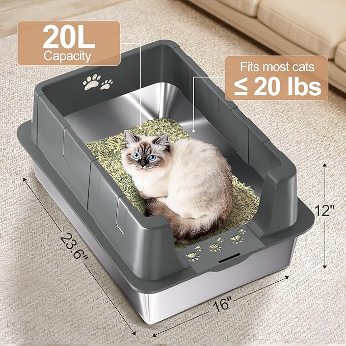 Sousia Enclosed Stainless Steel Cat Litter Box with Lid Extra Large Litter Tray for Big Cats XL Metal Litter Pan with High Wall Sides Enclosure, Non-Sticky Anti-Leakage Easy Cleaning Include Scoop