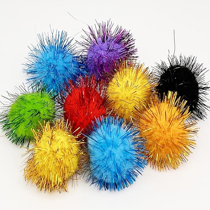 60 Pcs Cat Ball Toys, 1.8 Inch Sparkle Tinsel Glitter Pom Pom Ball Cat's Favorite Toys, Random Color