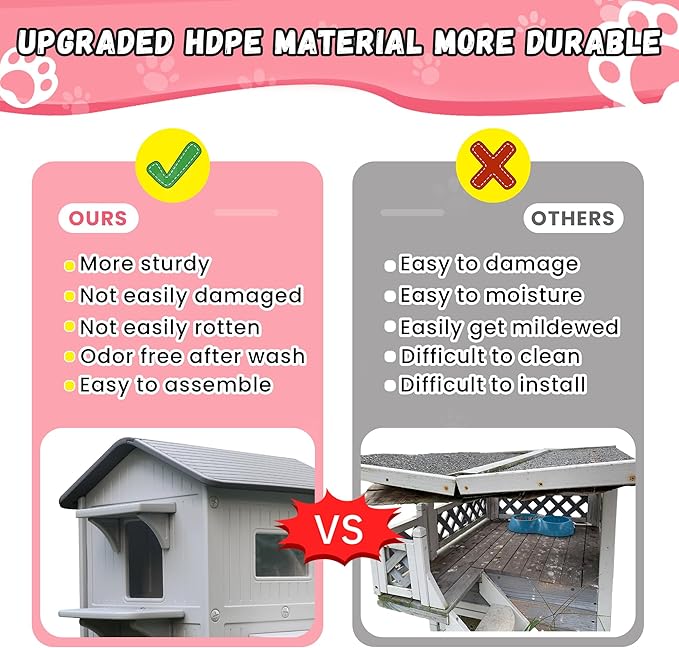 Waterproof Cat House for Outdoor Cats, Plastic 2 Story Insulated Outdoor Cat House with Soft Mat & Escape Door, Sturdy Cat Houses for Outdoor Cats, Easy to Clean-Grey