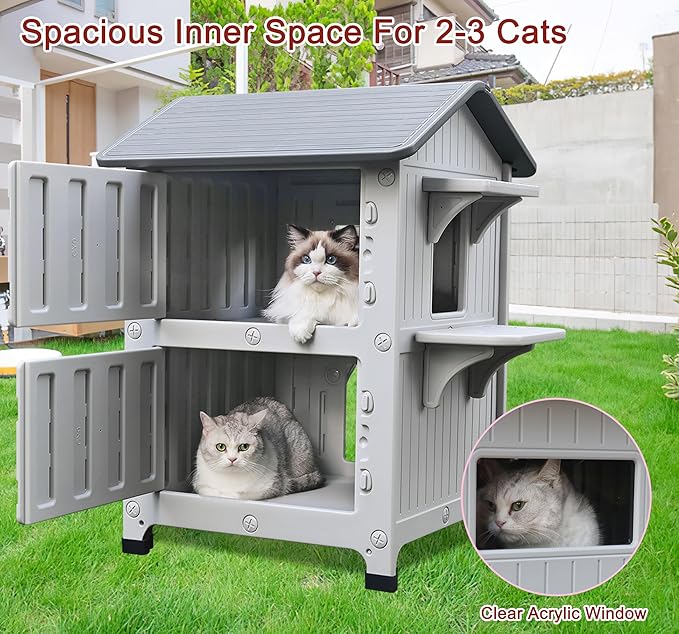 Rockever Luxury Plastic Outdoor Indoor Cat House with Escape Door, Waterproof 2 Story Outdoor Houses for Feral Cats Outside Cat Shelter, Spacious, Clean and Assemble Easily