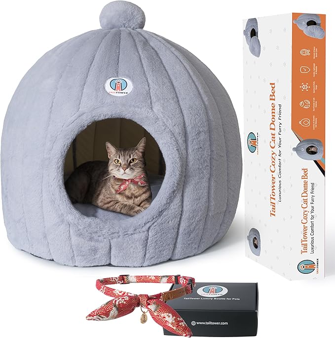 Extra Large Cat Cave Bed for Large Cats & Small Dogs β Plush Dome Hideaway with Removable Cushion β Spacious, Enclosed Cat House (24x23β, Light Gray)
