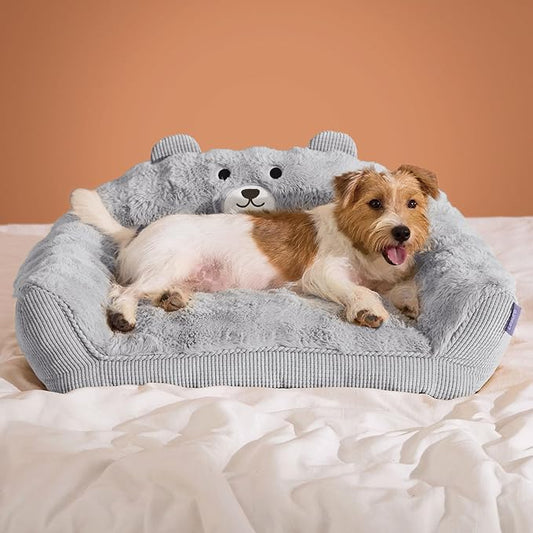 LE SURE Cute Cat Couch for Pets - Fluffy Original Bear Design for Small Dog Bed, Supportive Dog Couch with Removable Washable Cover, Puppy Bed for Small and Medium Dogs, 28inch, Pastel Grey