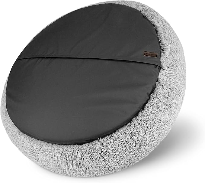 The Dog’s Bed Sound Sleep Donut Dog Bed, Small Silver Grey Fur Calming Nest Bed, Veterinary Approved