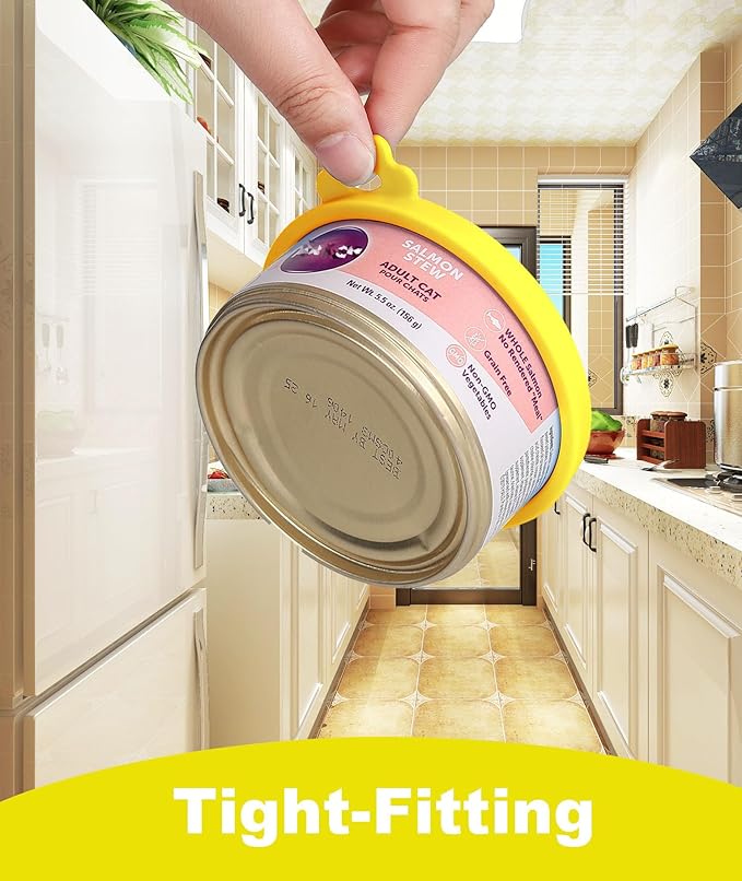 Comtim Cat Food Can Covers Lids for 5.5 oz Cans, 2 Pack Silicone Cat Food Can Lids for 5.5 oz 5.3 oz Cans...Pet Food Can Covers Reusable Can Toppers Savers for Wet Food (Yellow)