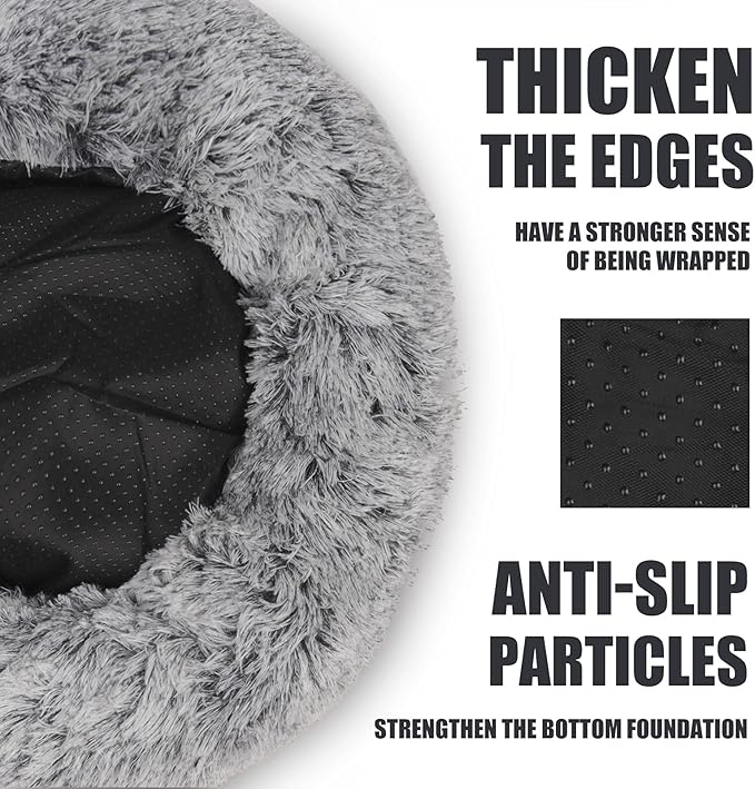 ShinHye Cozy Cat Bed - Round Plush Fluffy Hooded Cave, Indoor/Outdoor, Waterproof & Washable, Calming Anti-Anxiety Design - 23x23 Inch, Grey