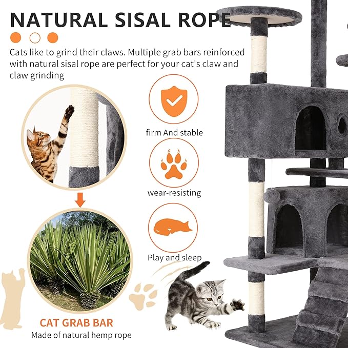 BestPet | 54" Cat Tree Tower | Light Gray | Sturdy, Easy to Assemble, Multi-Level Activity Center with Sisal Scratching Posts, Condos, Perches, Hanging Cat Toys, Observation Decks & Ladder